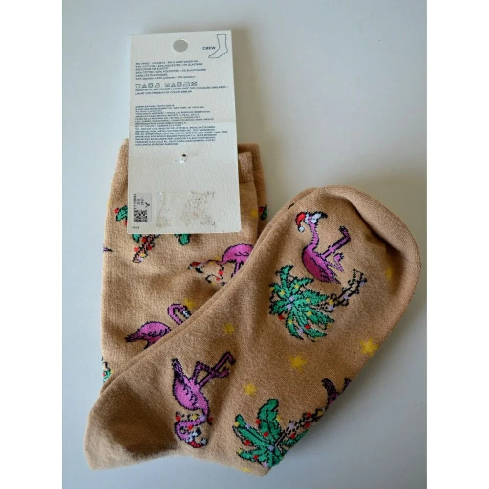 American Eagle Crew Socks Christmas Flamingo Print New Santa Hat Scarf Palm Tree